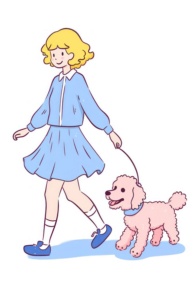 Doodle illustration of female walking with dog character publication clothing footwear.