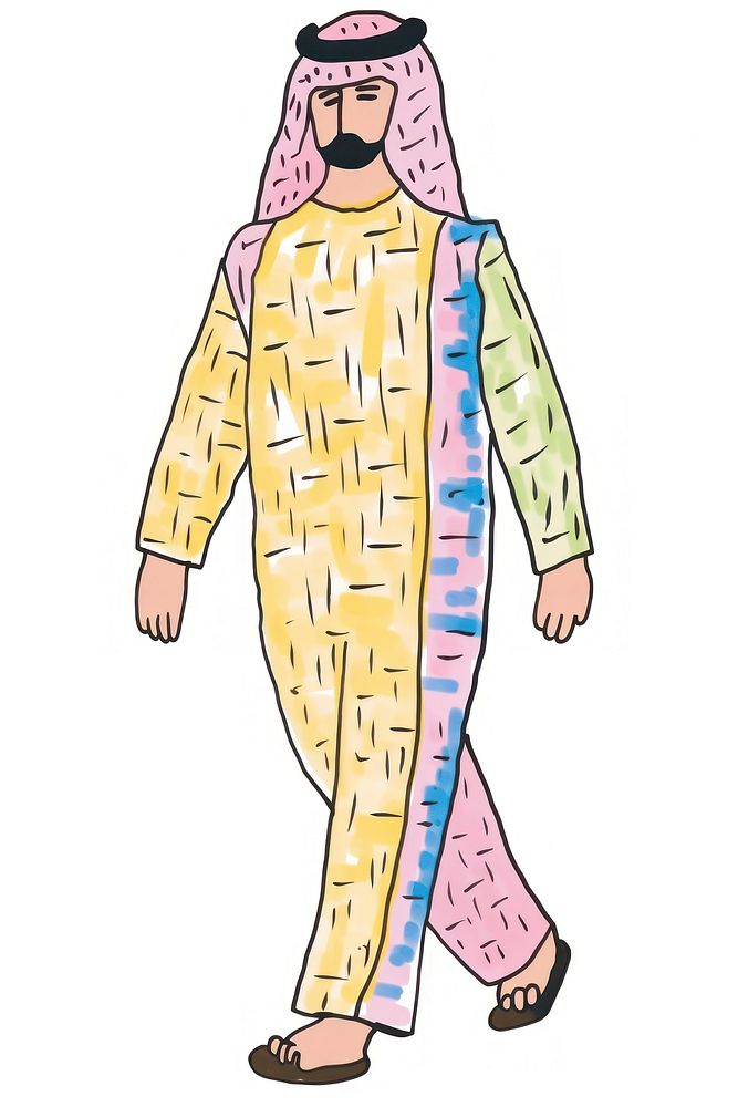 Doodle illustration of male middle east walking character art illustrated clothing.