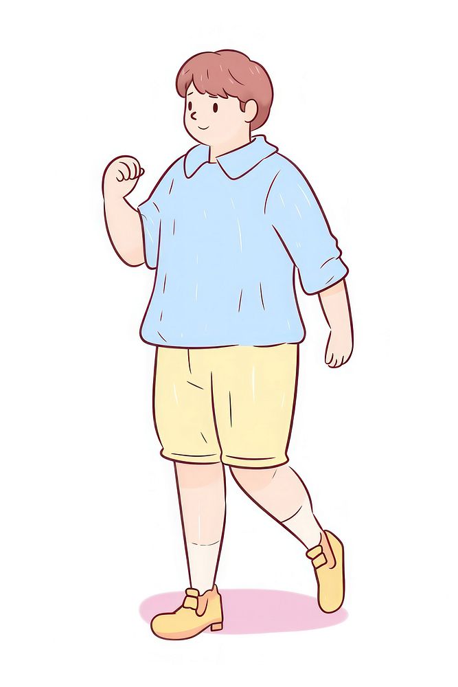 Doodle illustration of male teenager chubby walking character cartoon illustrated clothing.