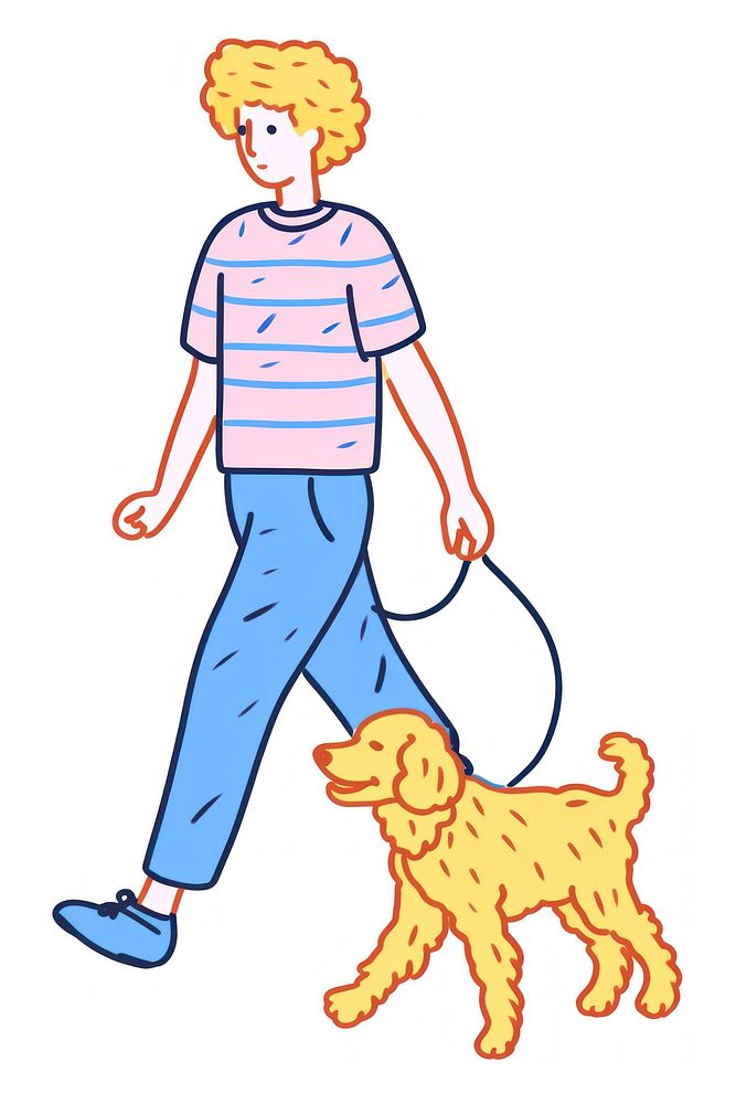 Doodle illustration of male walking with dog character clothing wildlife kangaroo.