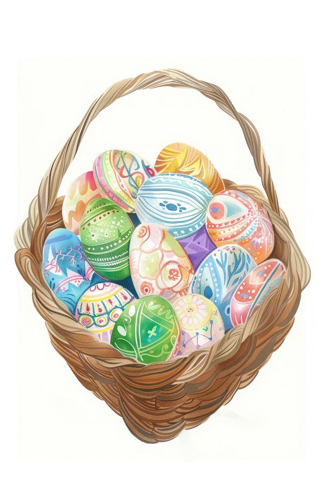 Basket of colourful hand-painted decorated easter eggs cricket sports food.