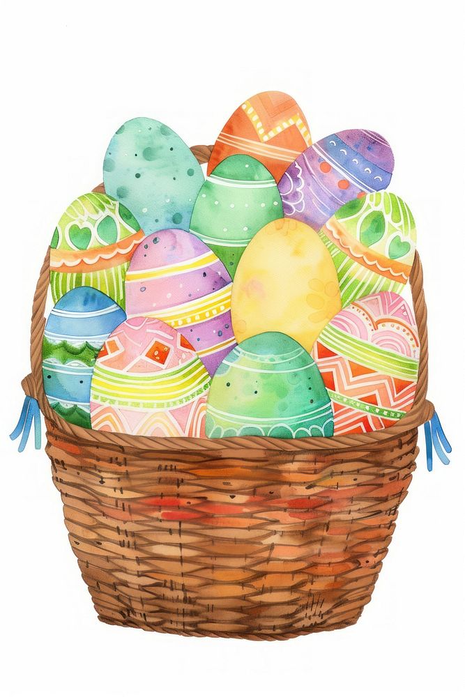 Basket of colourful hand-painted decorated easter eggs football produce sports.