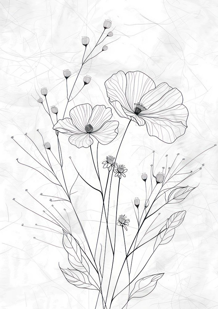 Hand drawn line botanical with a trendy wildflower illustrated drawing blossom.