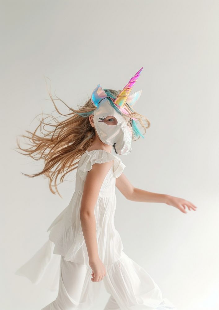 Girlie in cute paper box unicorn mask photo photography portrait.