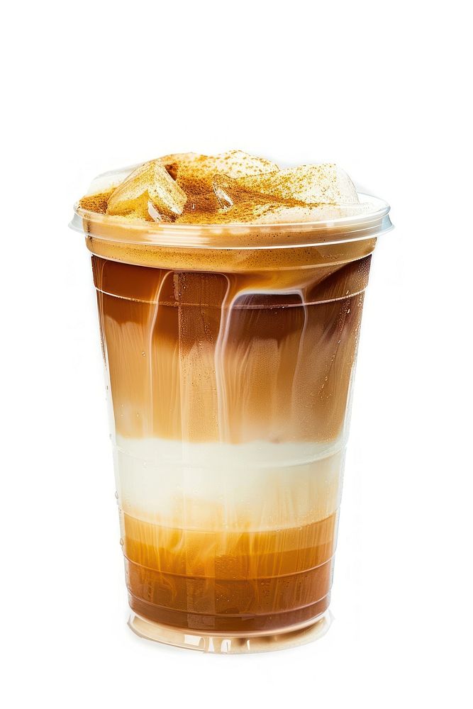 Ice cappuccino in plastic cup beverage dessert caramel.
