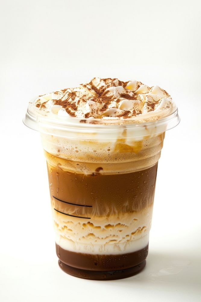 Ice cappuccino in plastic cup beverage dessert sundae.