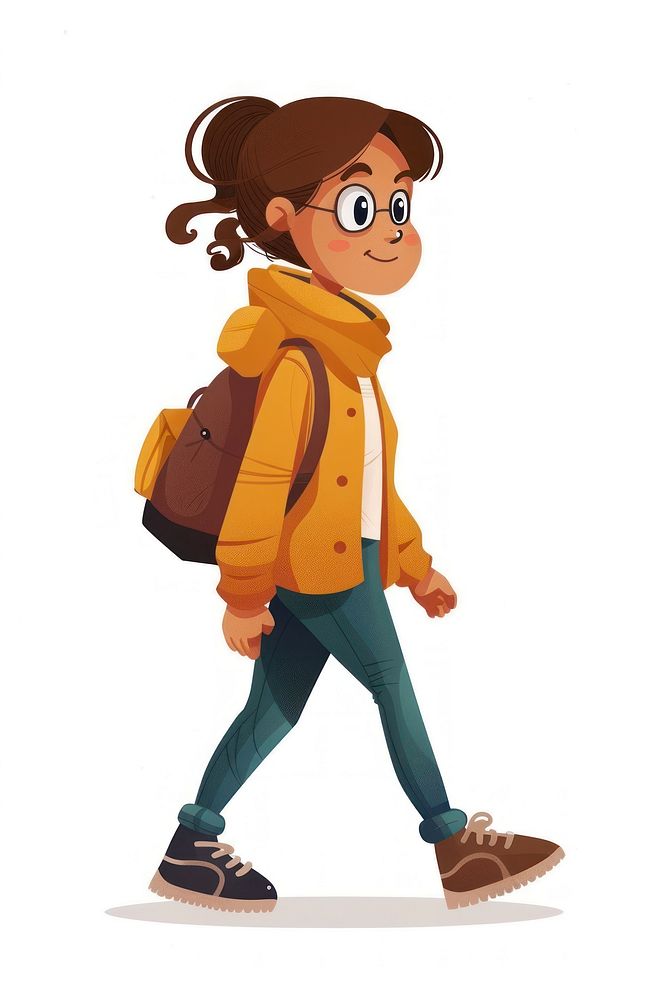 Vector flat cartoon character female walking clothing backpack apparel.