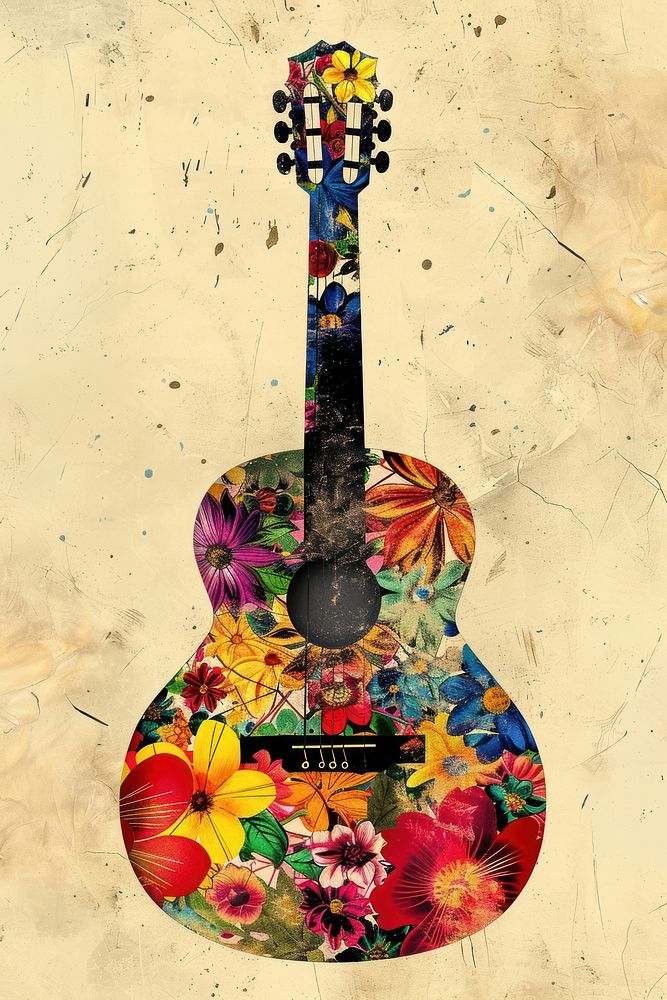 Paper collage of guitar musical instrument.