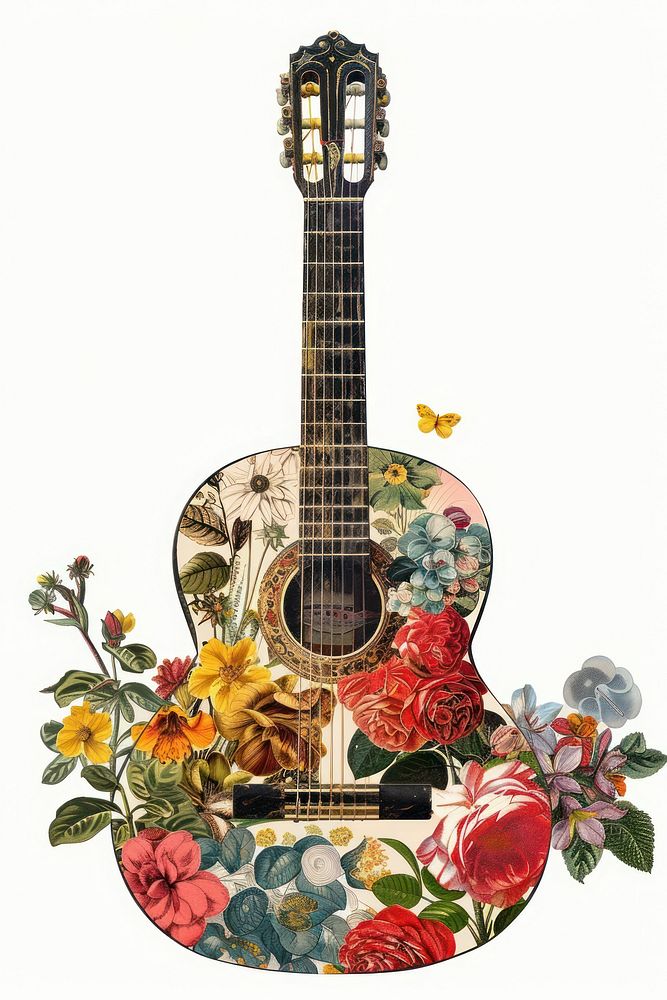 Paper collage of guitar flower blossom plant.