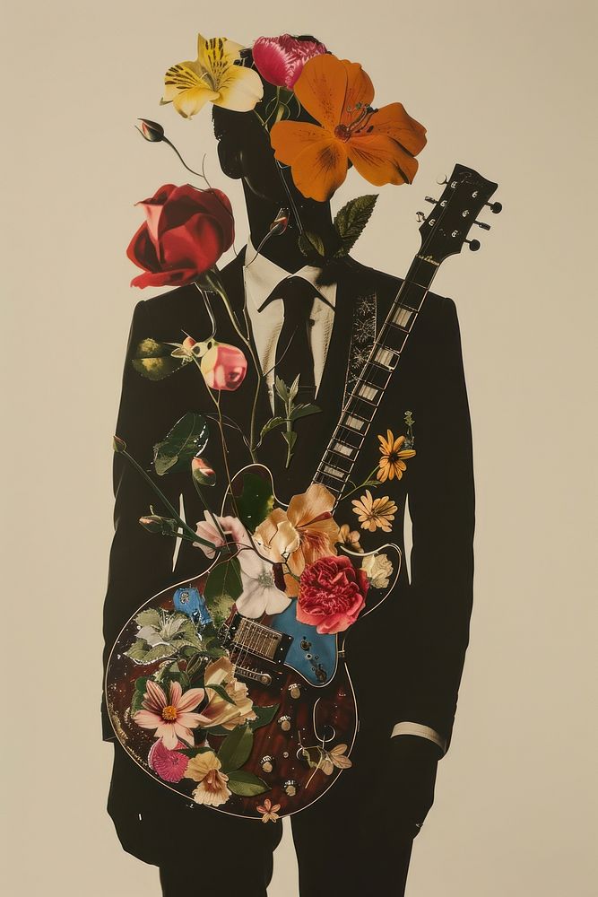 Paper collage of guitar flower performer graphics.