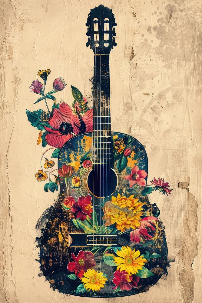 Paper collage of guitar graphics pattern art.