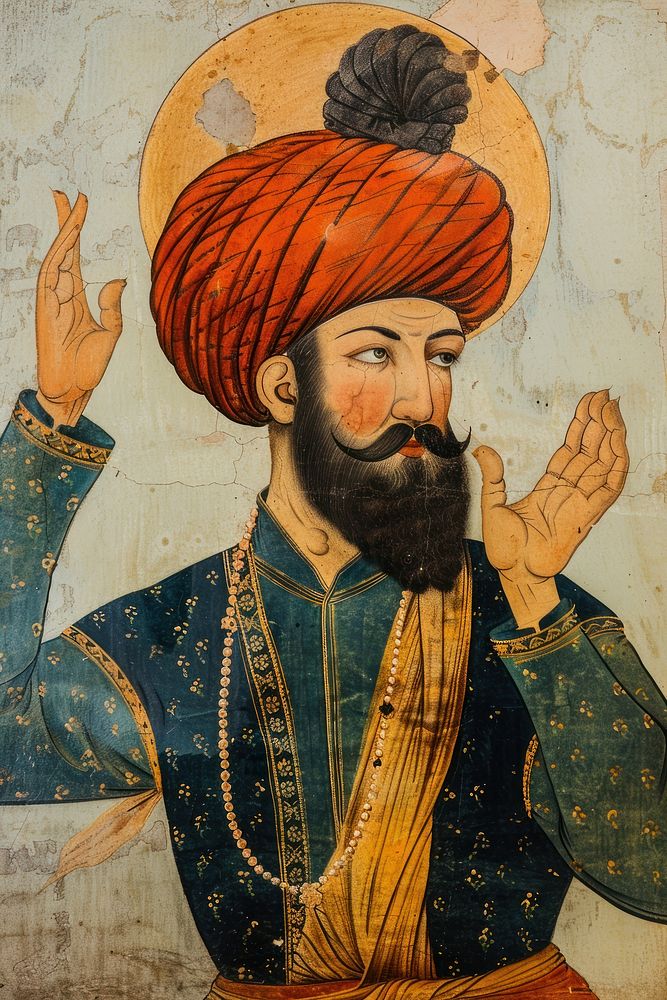 Ottoman painting of muslim portrait drawing turban.