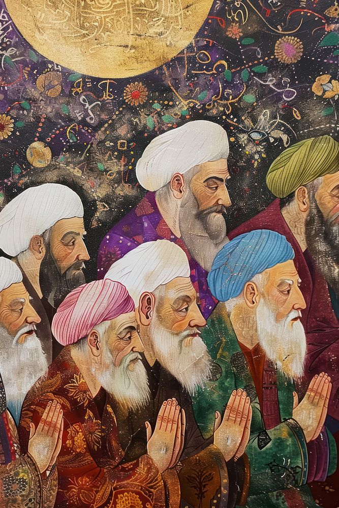 Ottoman painting of muslim prayers tapestry art representation.
