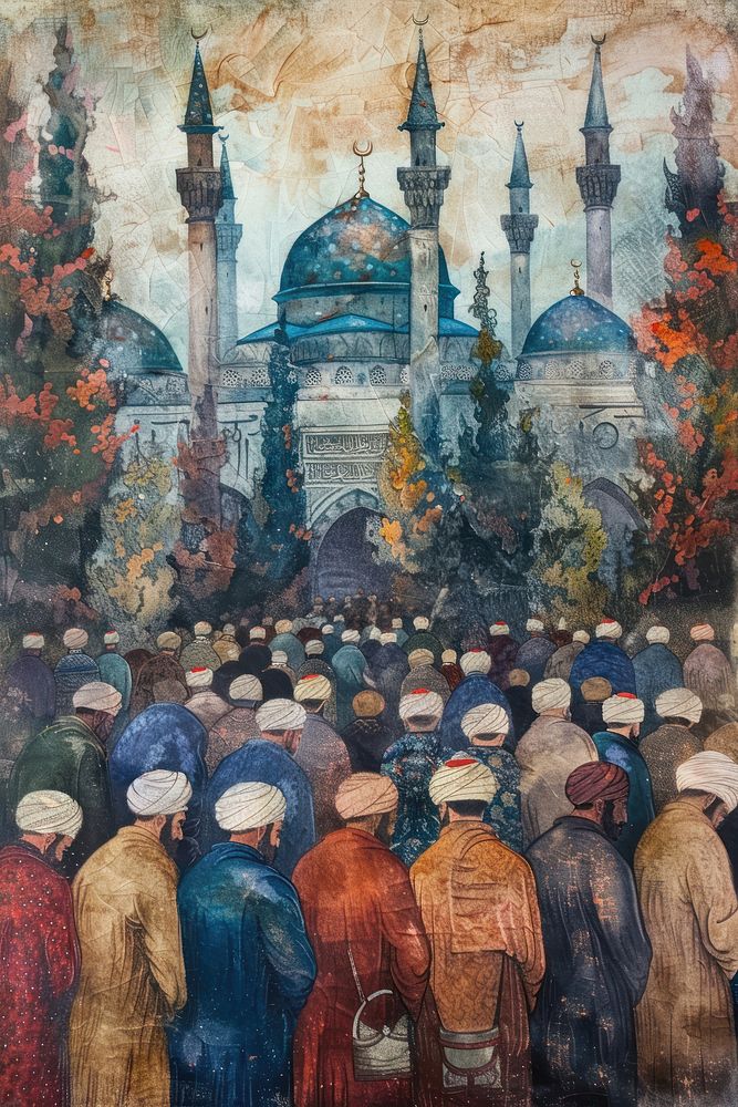 Ottoman painting of muslim prayers architecture building adult.