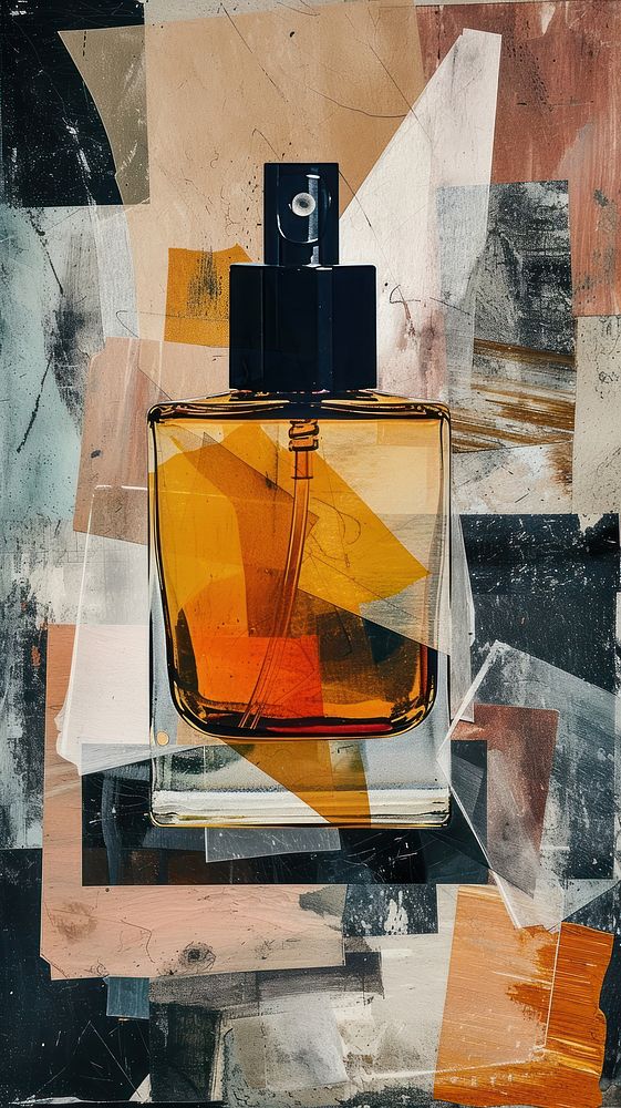 Perfume with acrylic brush stroke overlay collage bottle art.