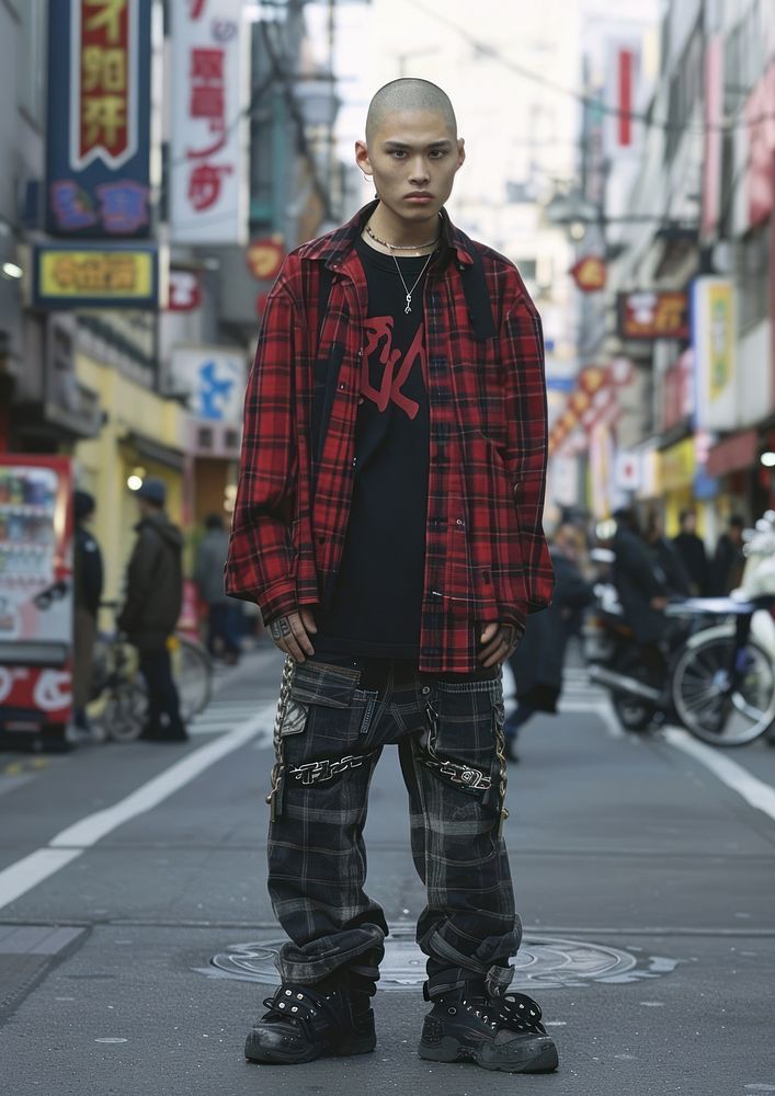 Young skinhead japanese man clothing street transportation.