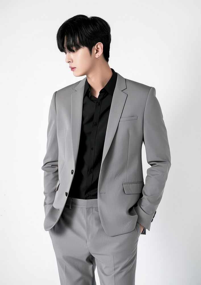 Cool korean man profile view suit clothing apparel.
