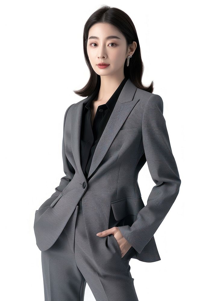 Beautiful korean woman profile view suit clothing apparel.