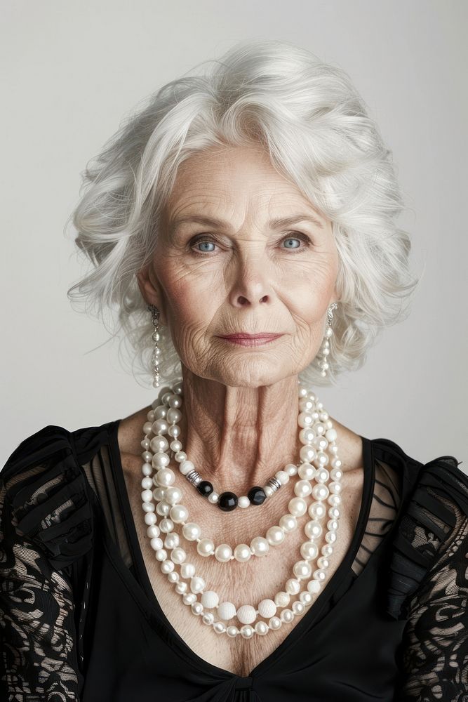 Old woman wearing pearl necklace accessories accessory jewelry.