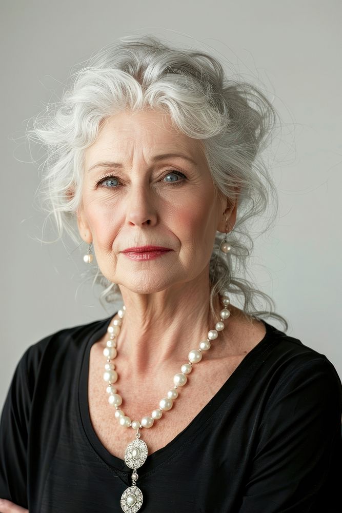 Old woman wearing pearl necklace portrait photo hair.