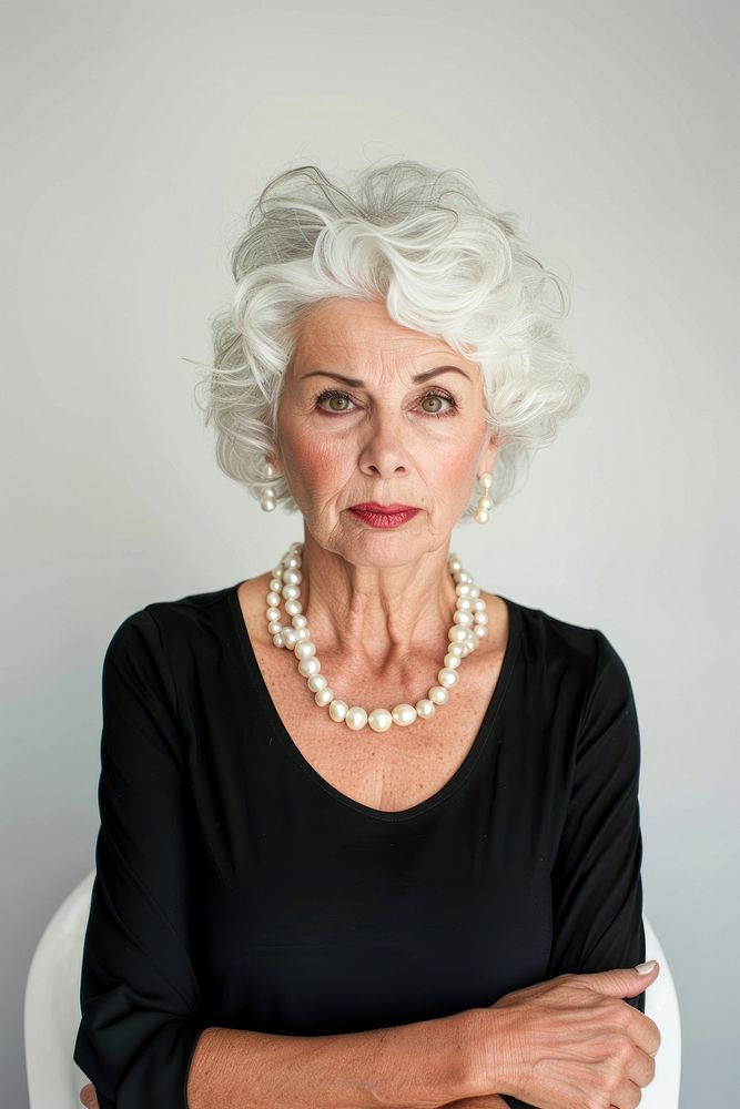 Old woman wearing pearl necklace portrait photo accessories.