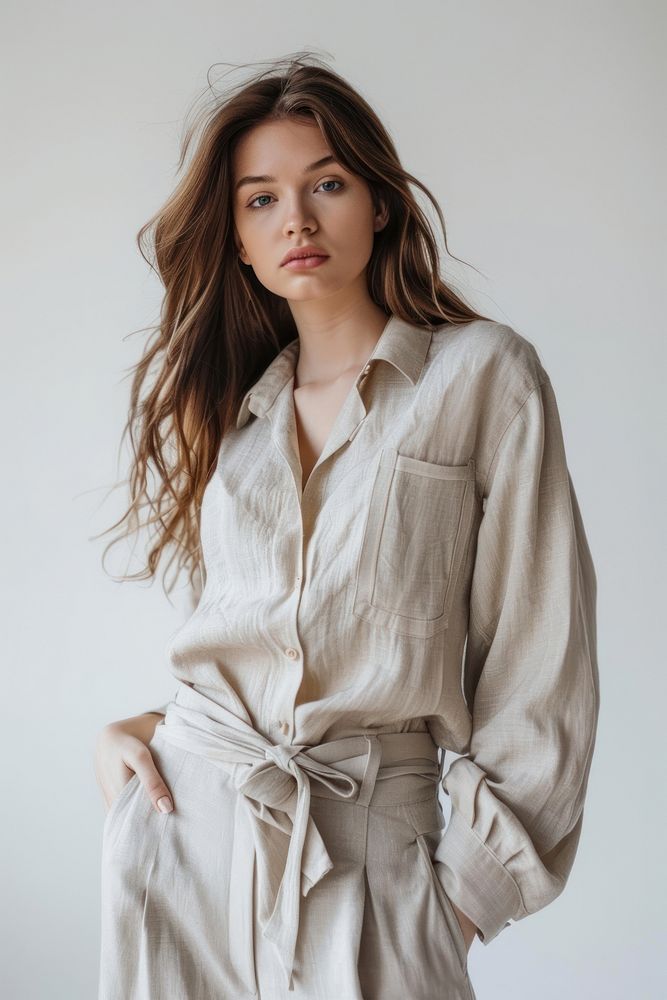 A female model wearing a linen shirt photography woman clothing.