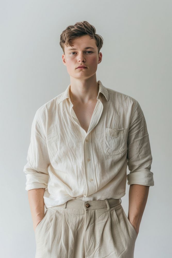 A male model wearing a linen shirt clothing apparel sleeve.