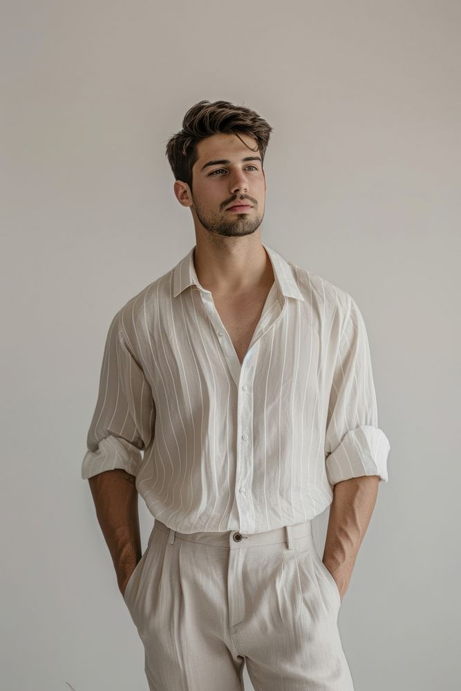 A male model wearing a linen shirt clothing apparel sleeve.