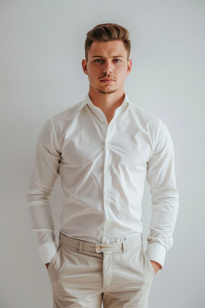 A male model wearing a shirt man clothing apparel.
