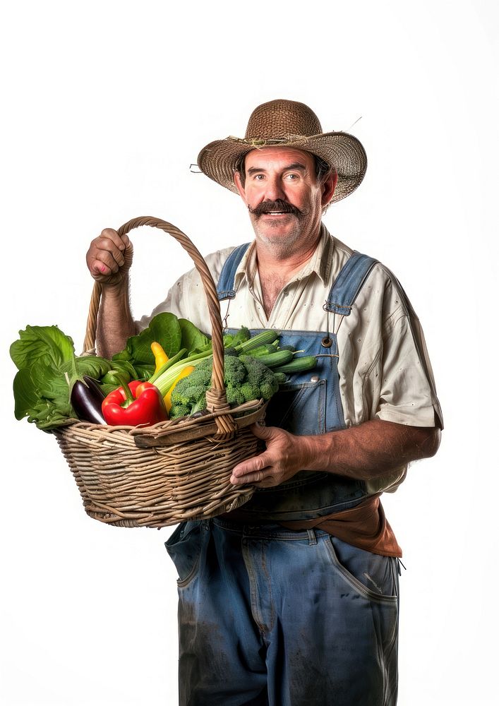 Farmer man holding veggie basket nature gardening outdoors.
