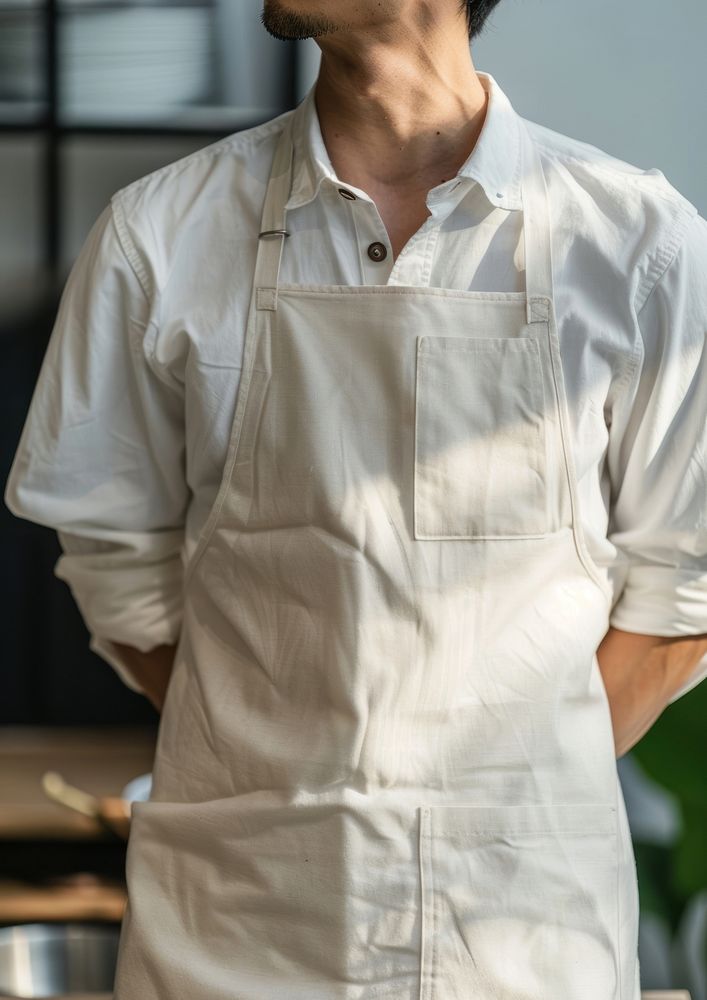 Men wearing white fabric apron clothing apparel blouse.