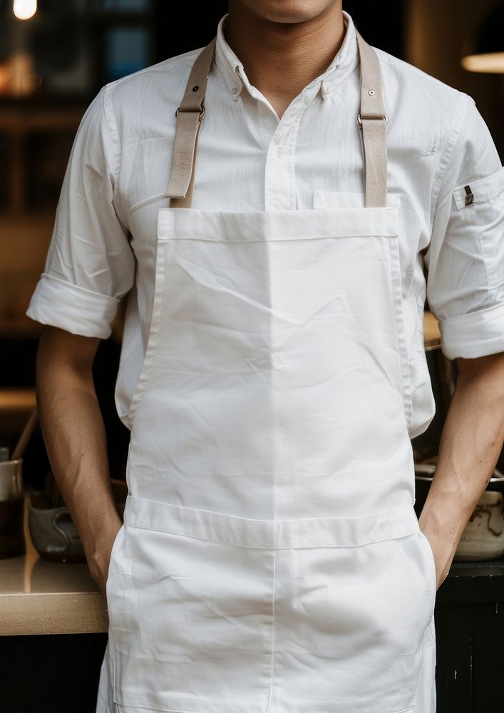 Men wearing white fabric apron accessories accessory clothing.