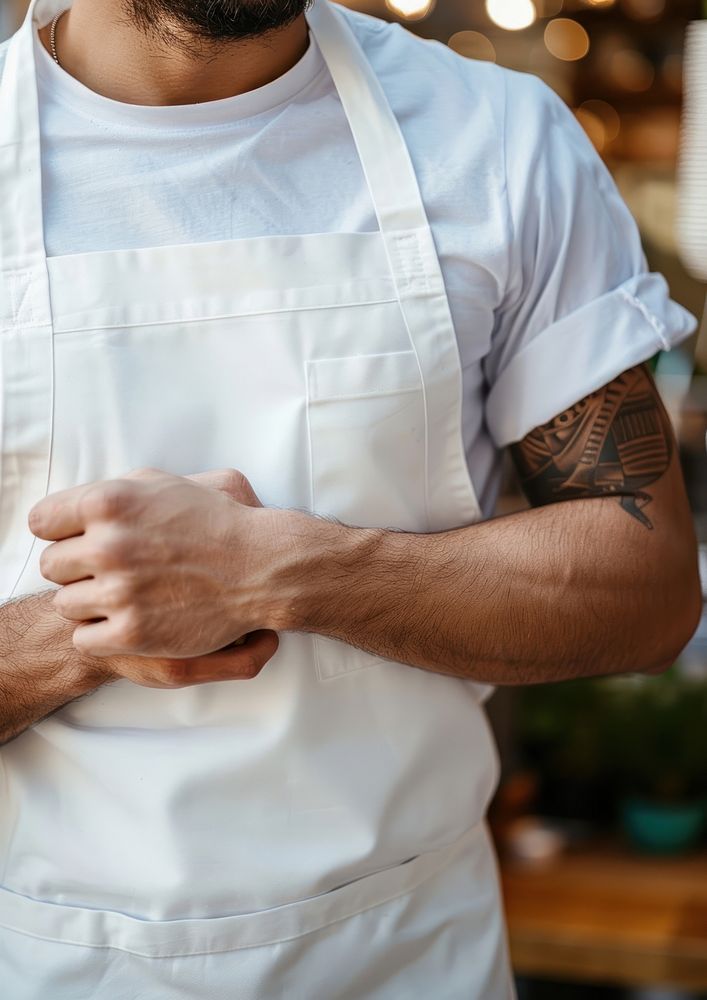 Men wearing white fabric apron person tattoo adult.
