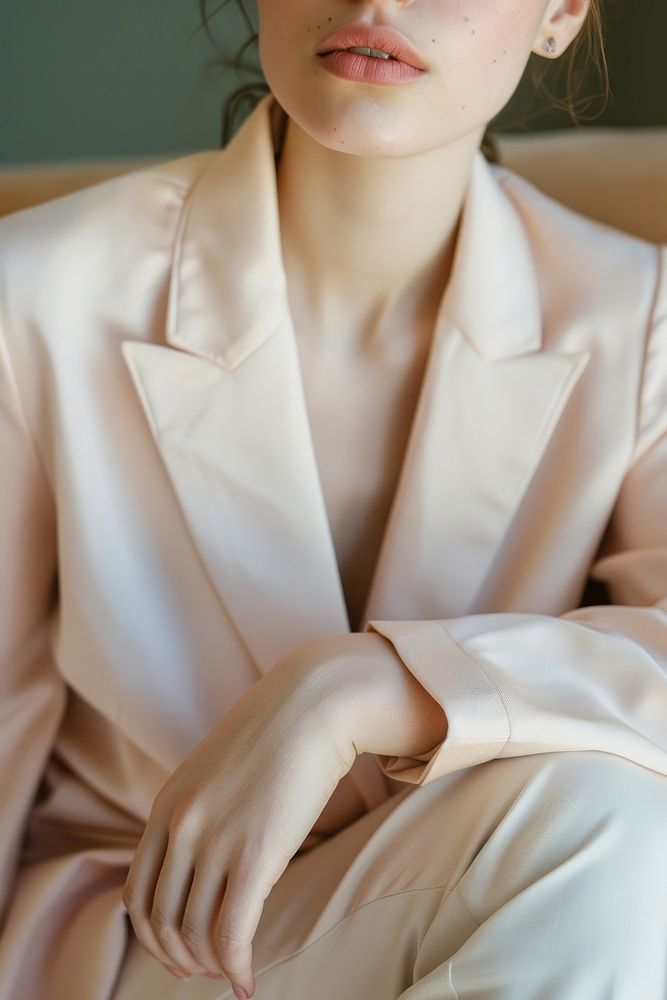 Detail of woman gentle skin in natural pastel color suit jacket adult contemplation.