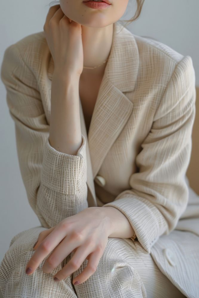 Detail of woman gentle skin in natural pastel color suit adult contemplation accessories.