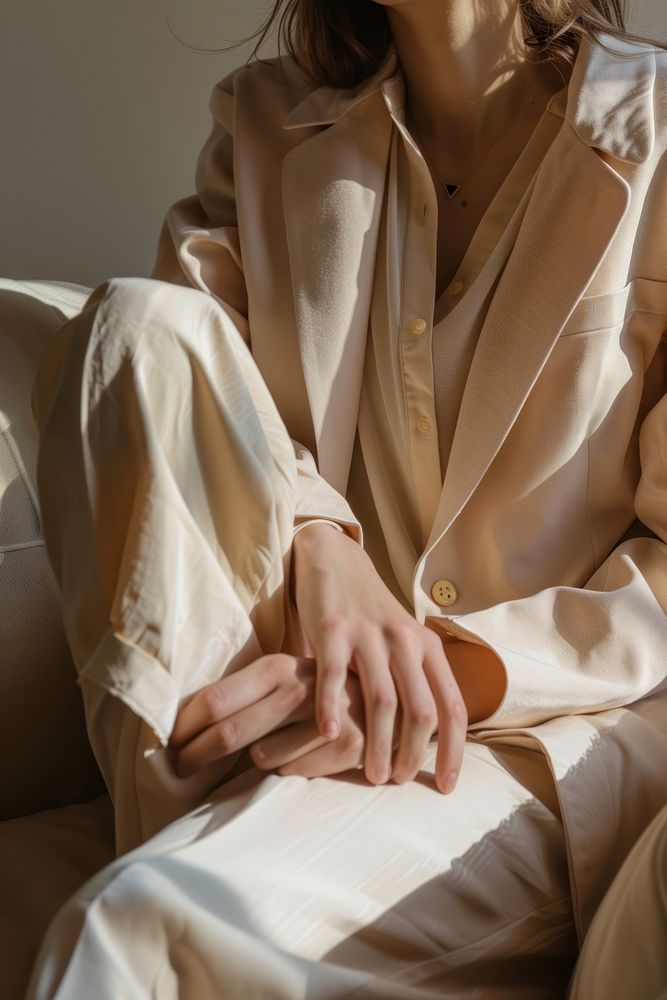 Detail of woman gentle skin in natural pastel color suit adult outerwear furniture.
