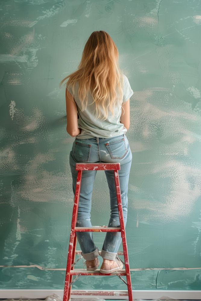 Blond hair woman standing on red ladder with paint roller paint pastel green color on wall renovation jeans architecture.