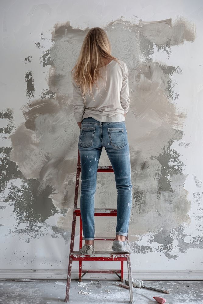 Blond hair woman standing on red ladder and smearing gray dye on wall with paint roller renovation footwear jeans.