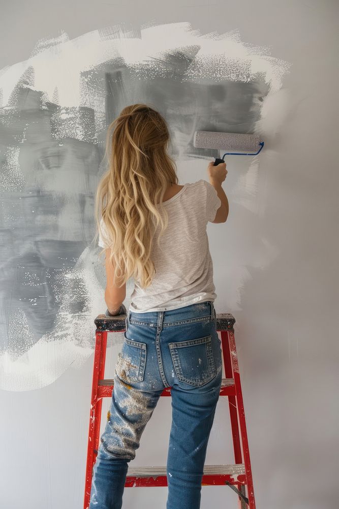 Blond hair woman standing on red ladder and smearing gray dye on wall with paint roller renovation improvement paintbrush.