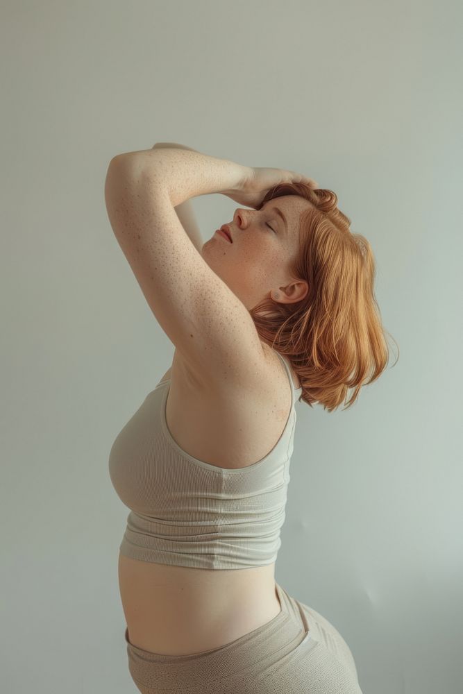 Young bob hair chubby woman stretching after yoga photo photography portrait.