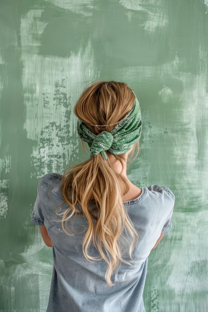 Blond hair woman smearing pastel green dye on wall with paint roller blackboard creativity hairstyle.