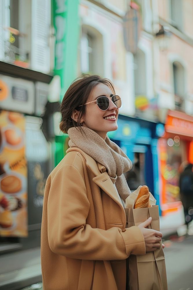 Happy woman with sunglasses and beige coat with a paper bag of baguette in hand street scarf adult.