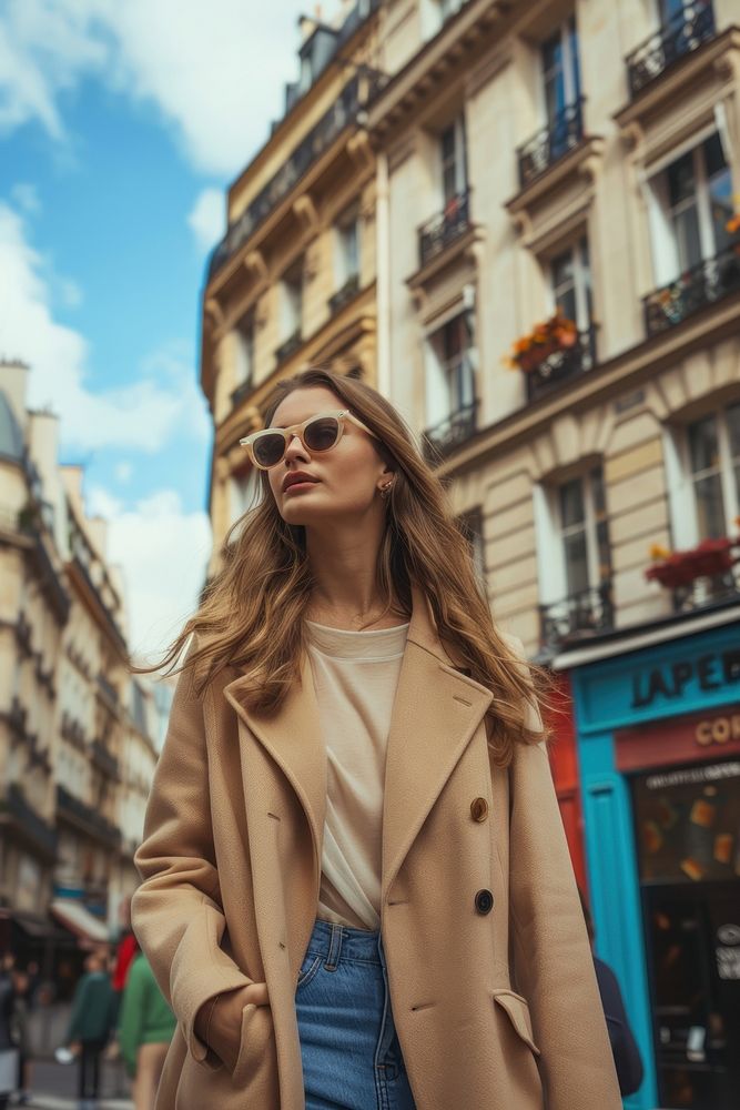 Woman with a fresh baguette coat sunglasses overcoat.