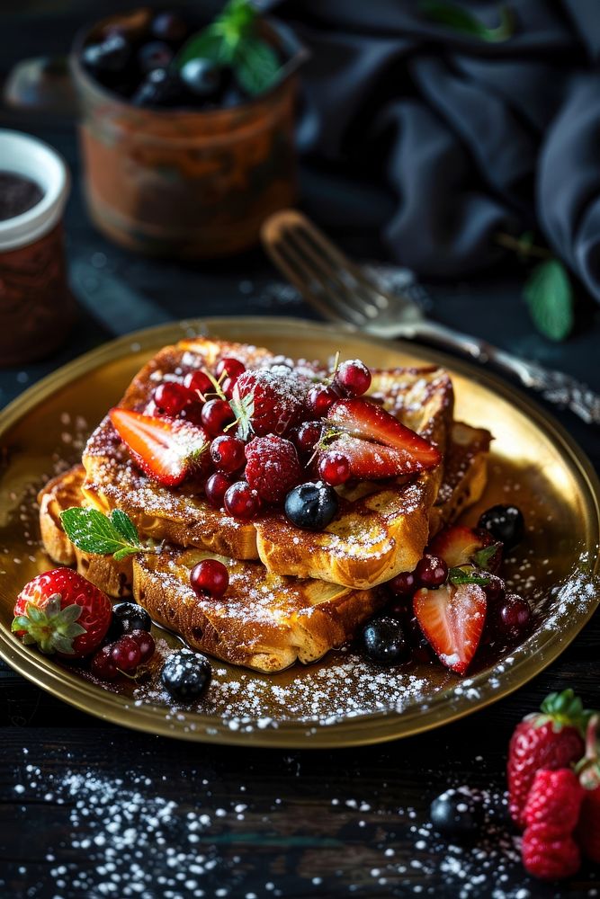 Focaccia French Toast with berries on golden plate breakfast pancake berry.