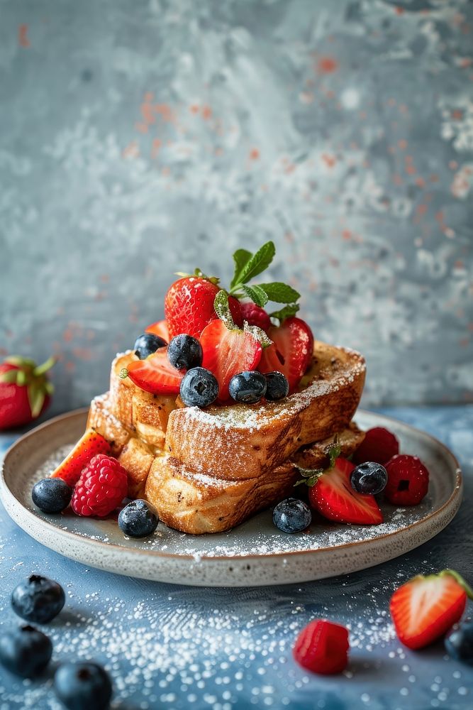 Focaccia French Toast with berries minimal serving breakfast berry plate.