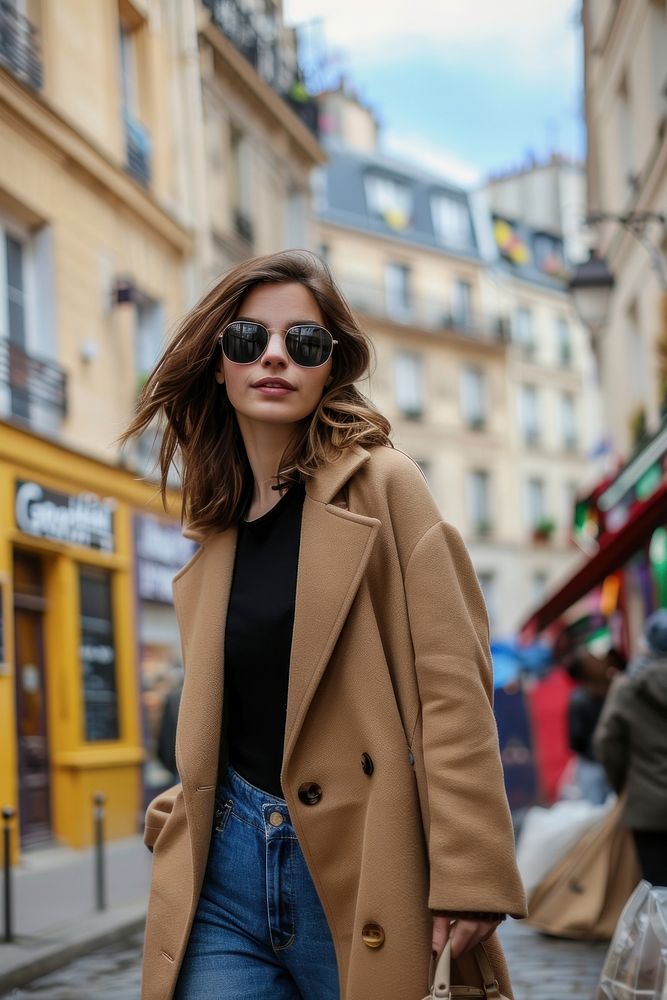 Woman with a bag of baguette coat sunglasses overcoat.