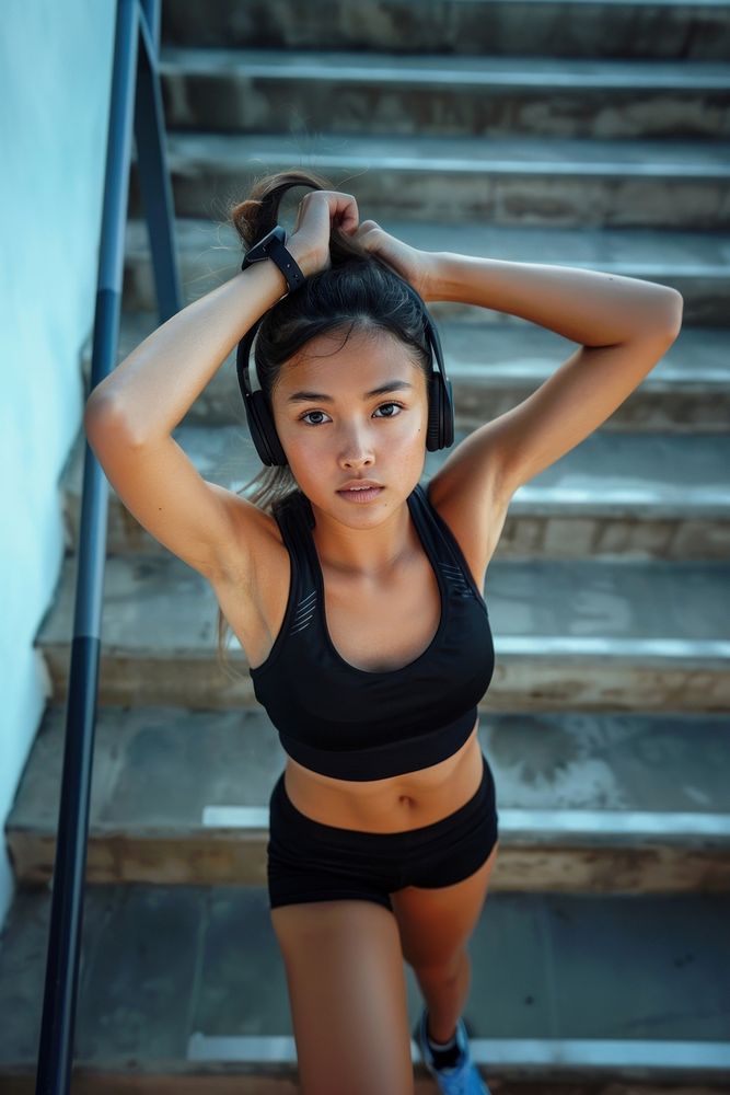 A merry half asian female athlete after run with hand on waist and looking at camera standing portrait stairs.