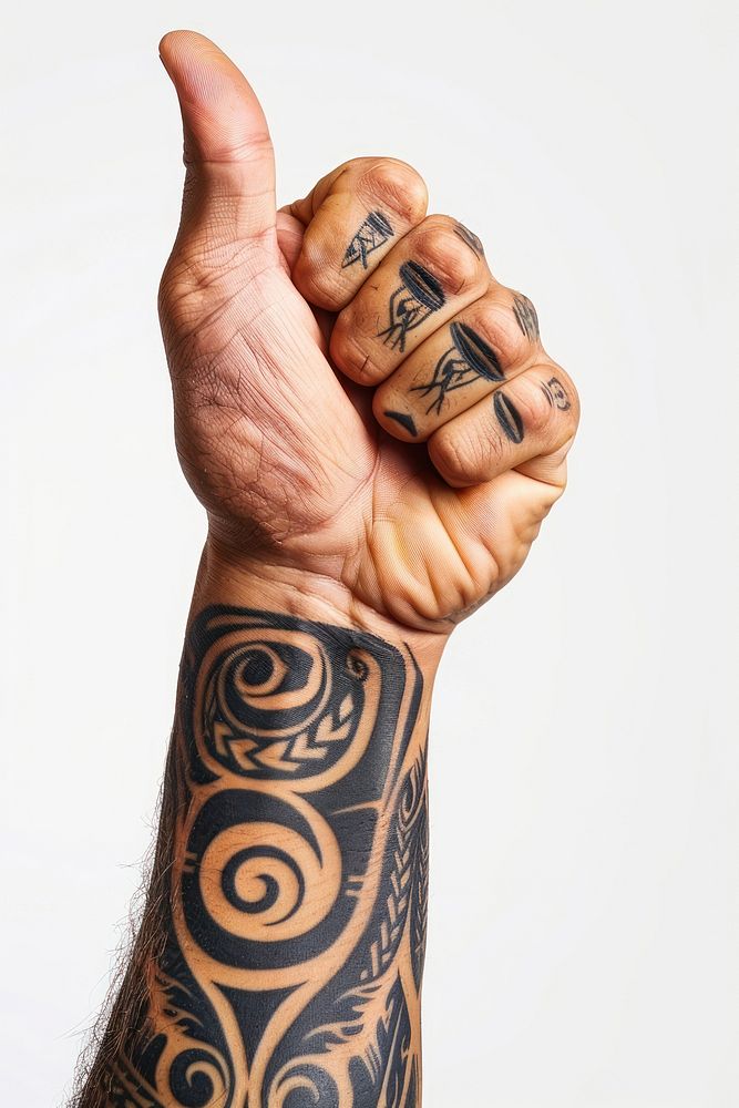 Hand holding up with Maori tattoo giving a thumbs up finger person human.