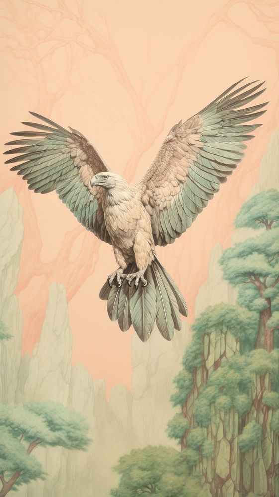 Wallpaper flying eagle birds drawing sketch painting.