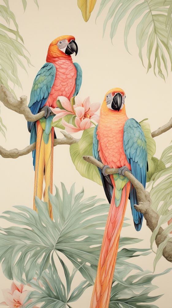 Wallpaper parrot birds drawing animal sketch.